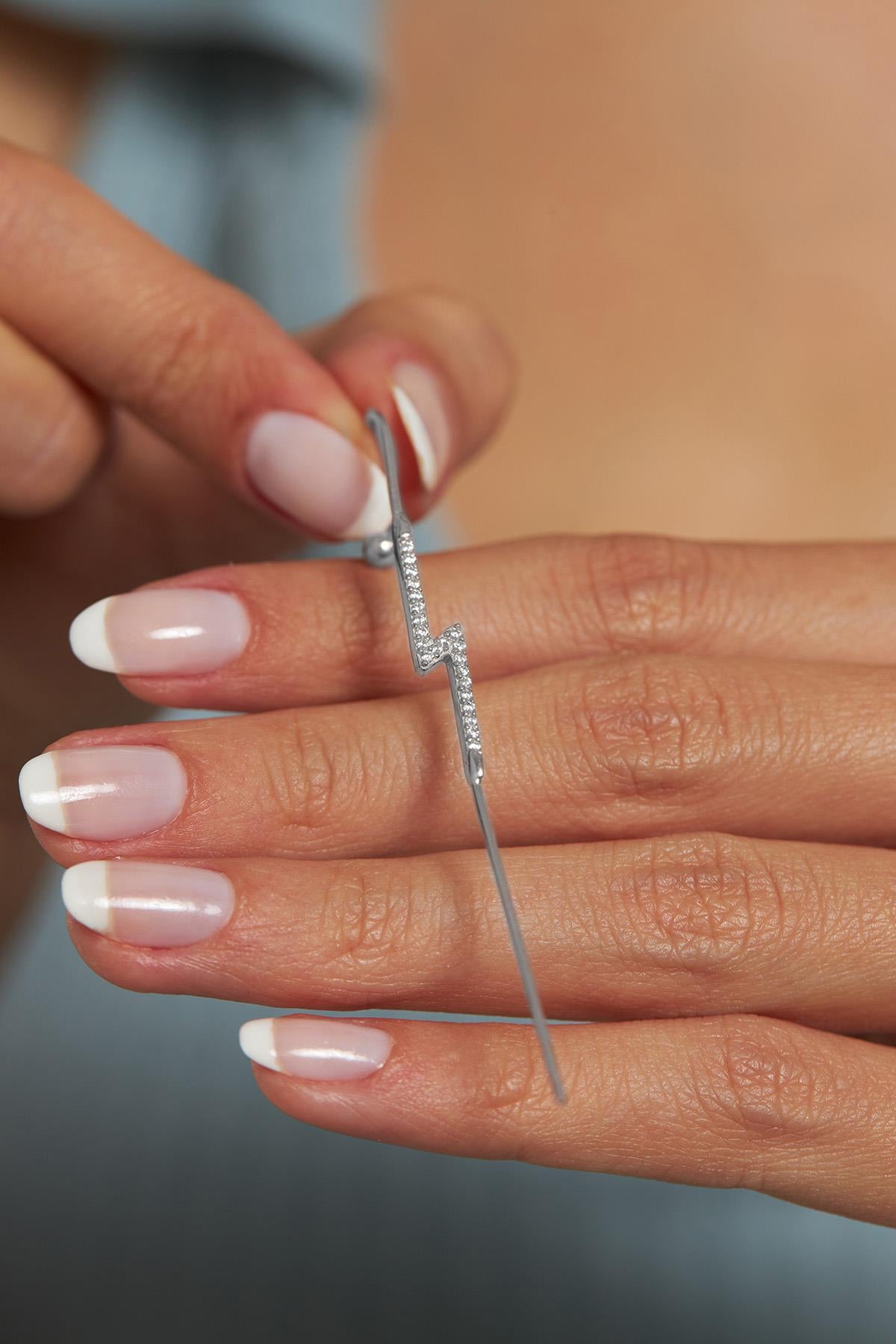 CZ Lightning Motif Cane Cartilage Earrings Rhodium Plated Silver