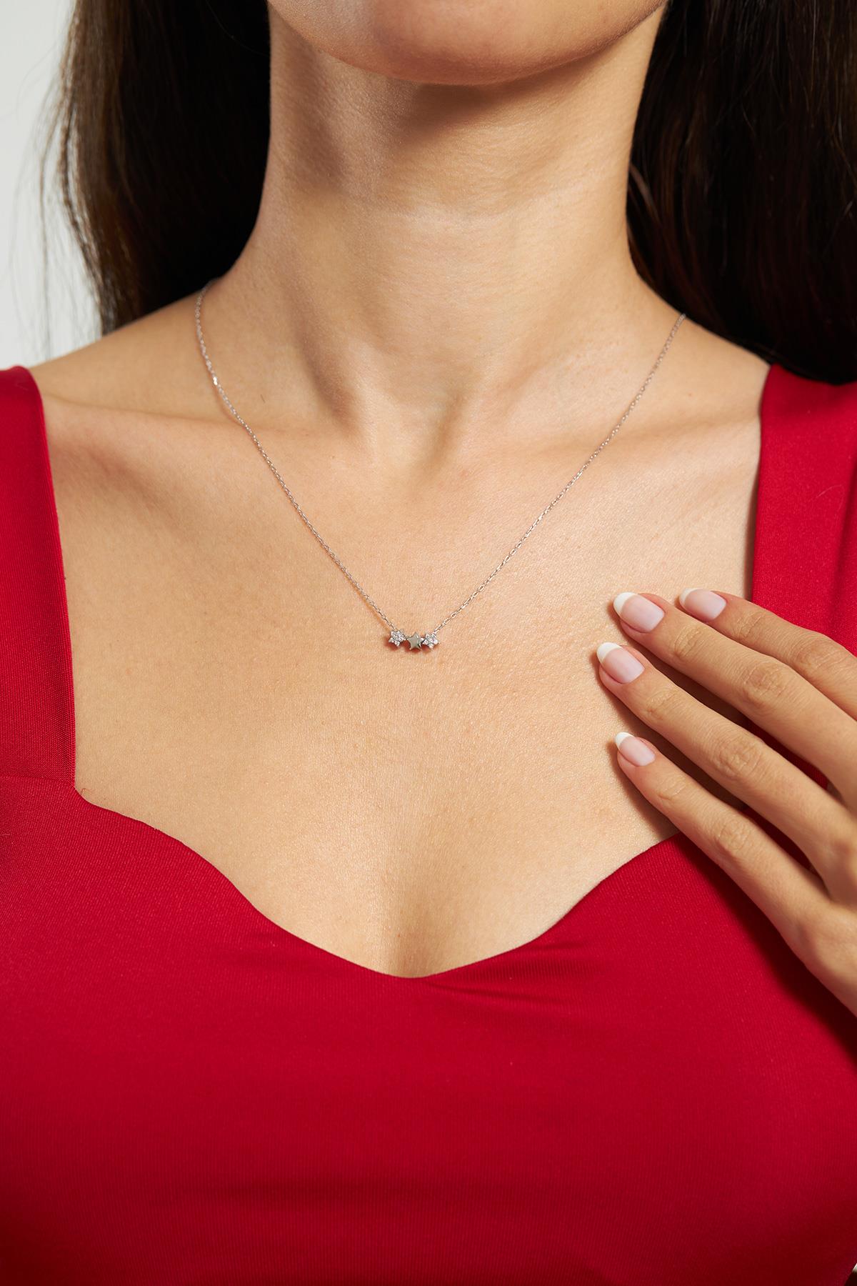 CZ Row Star Minimalist Necklace Rhodium Plated Silver