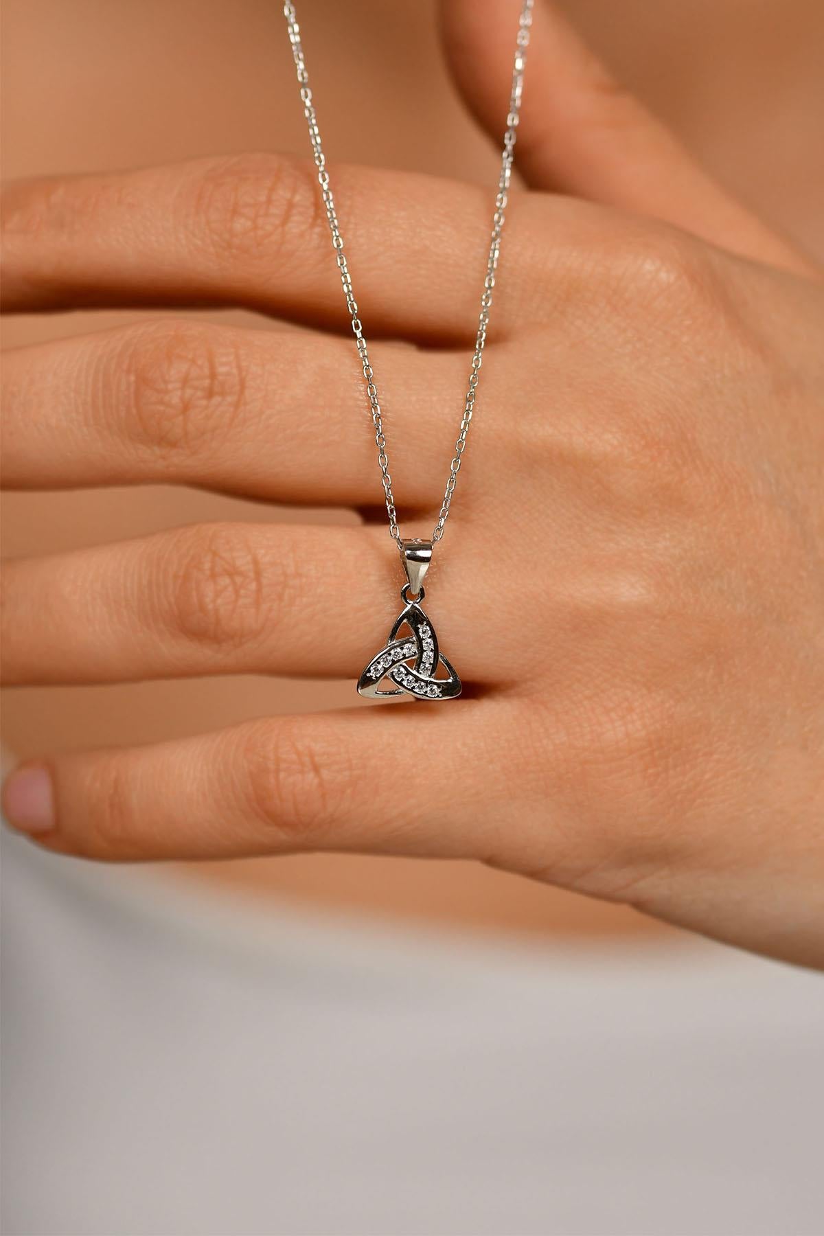 Rhodium Zircon Stone Infinity Triangle Silver Necklace