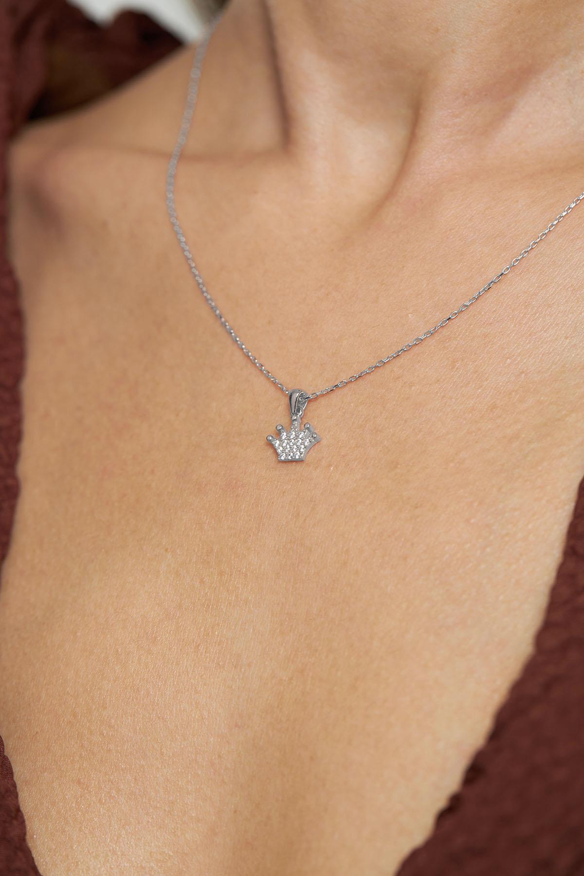 CZ Crown Style Minimalist Necklace Rhodium Plated Silver