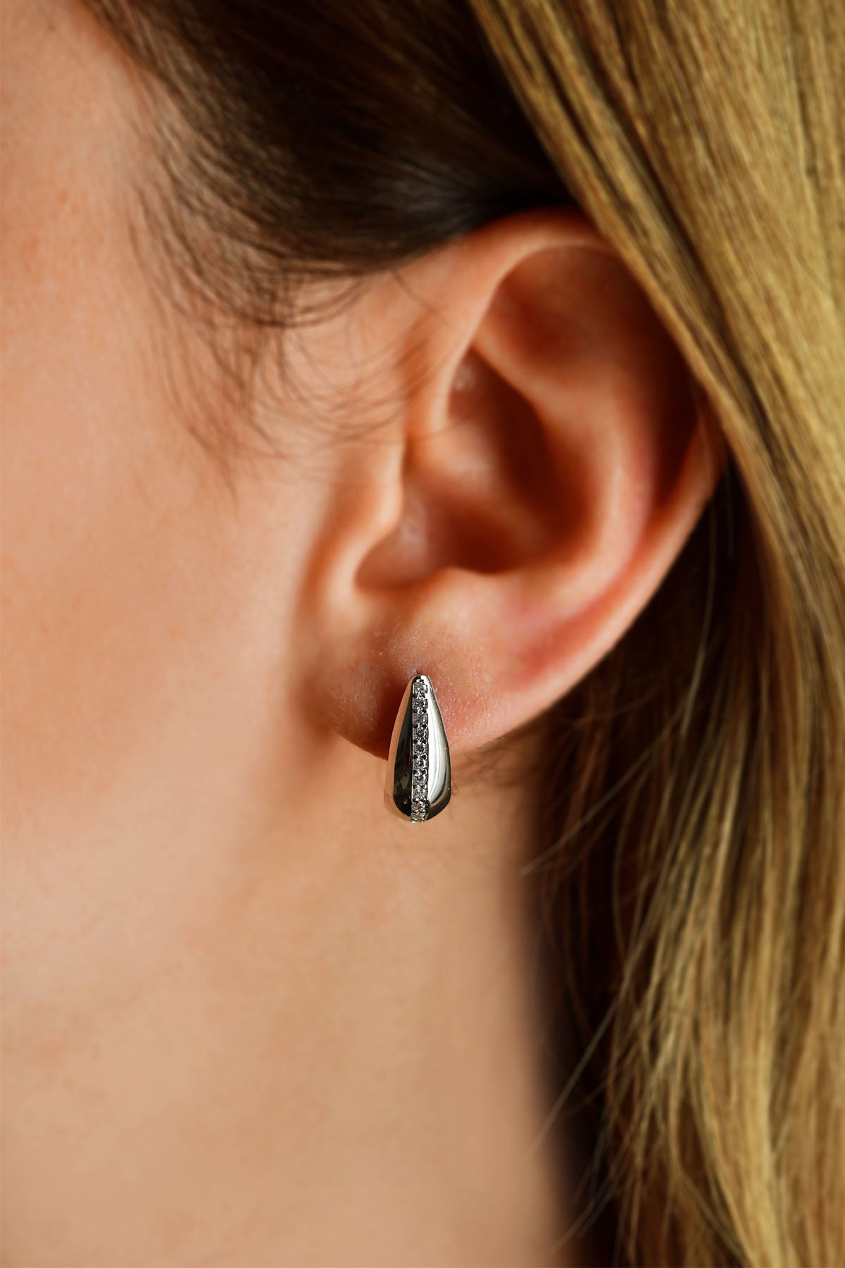 Rhodium Zircon Single Row J-Hoop Earrings | 925 Silver