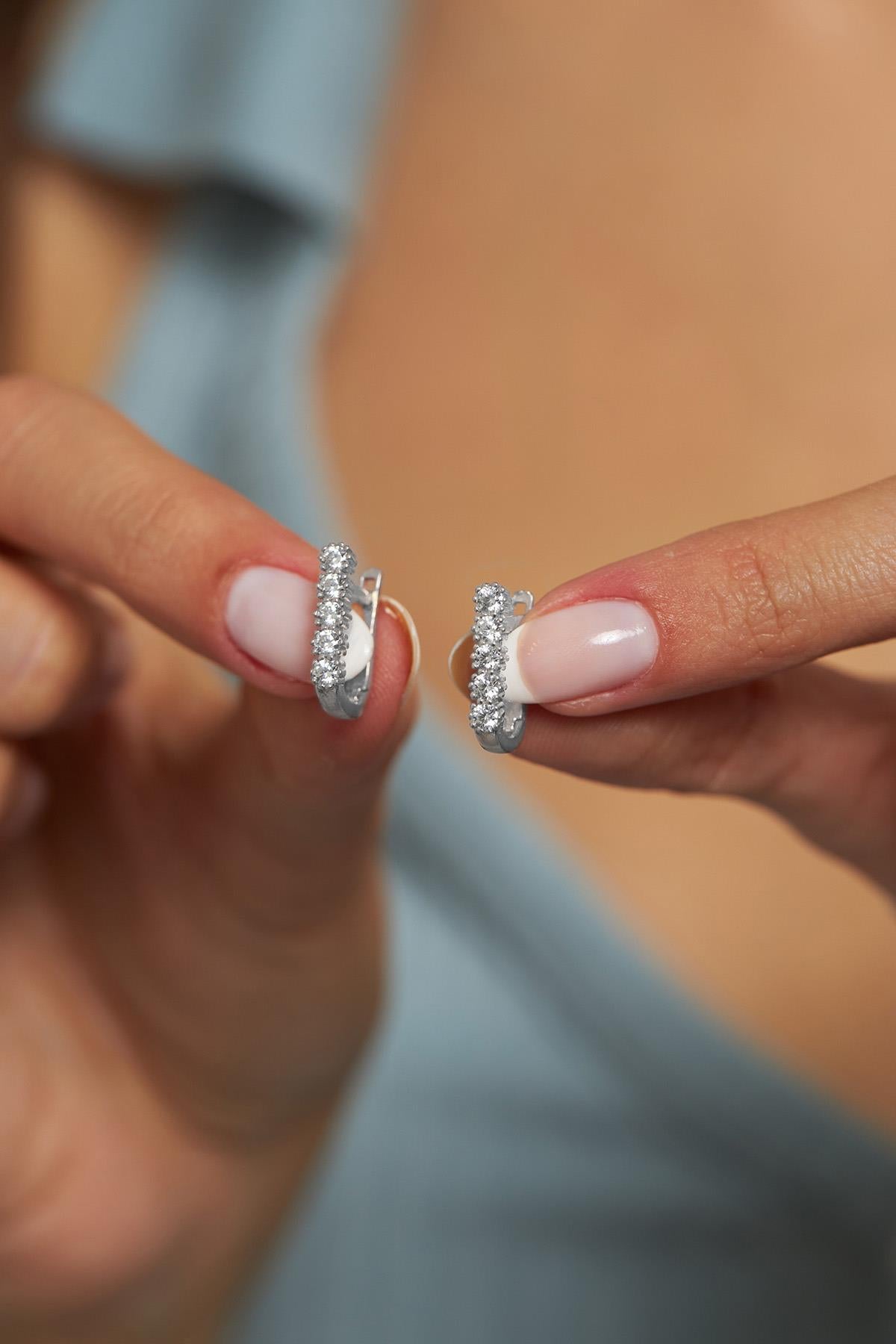 CZ Vertical Bar Climber Earrings Rhodium Plated Silver