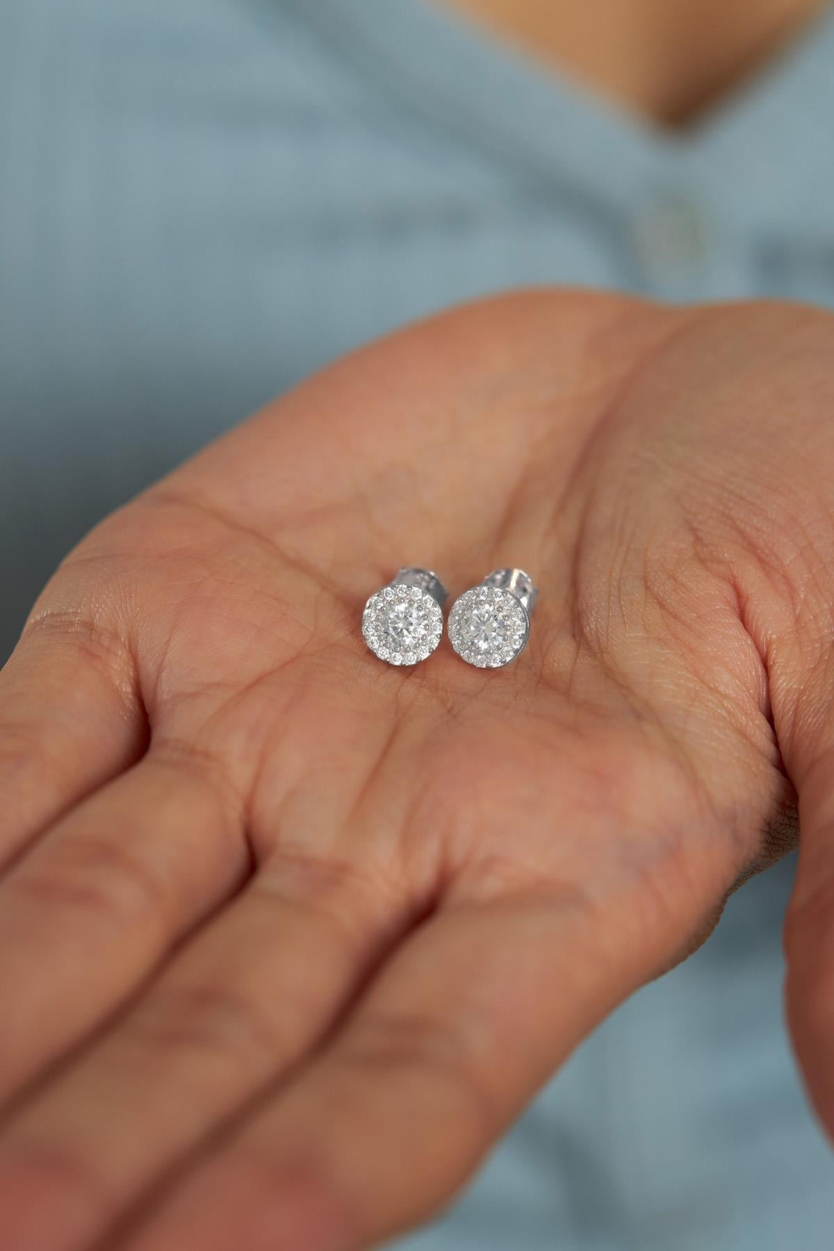 CZ Solitaire Halo Stud Earrings Rhodium Plated Silver