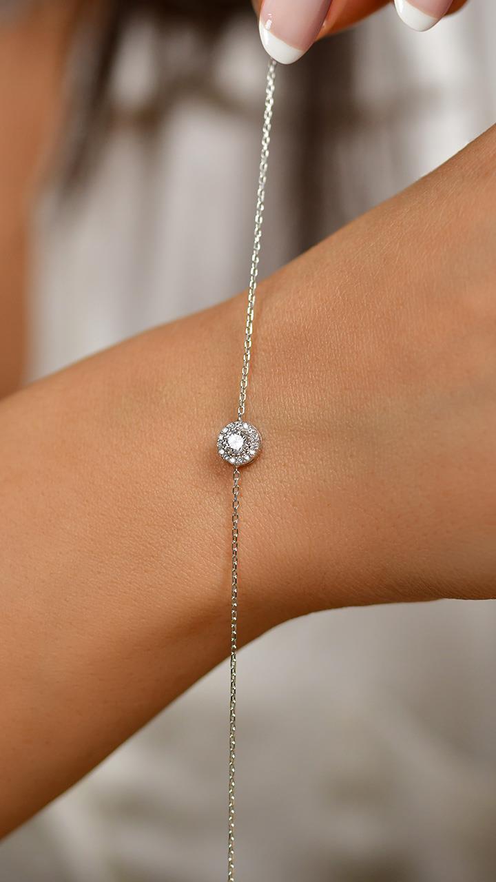 CZ Solitaire Halo Minimalist Bracelet Rhodium Plated Silver