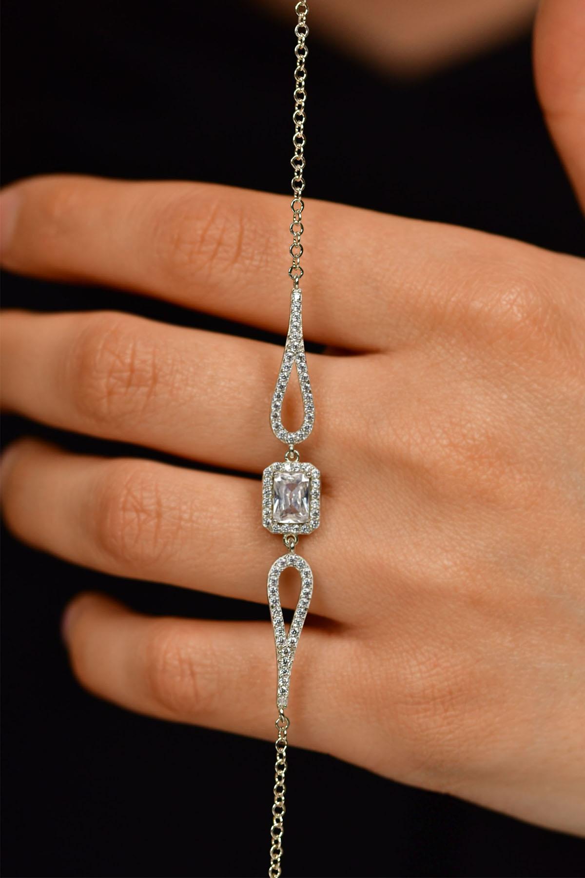 CZ Solitaire Baguette Bracelet Rhodium Plated Silver