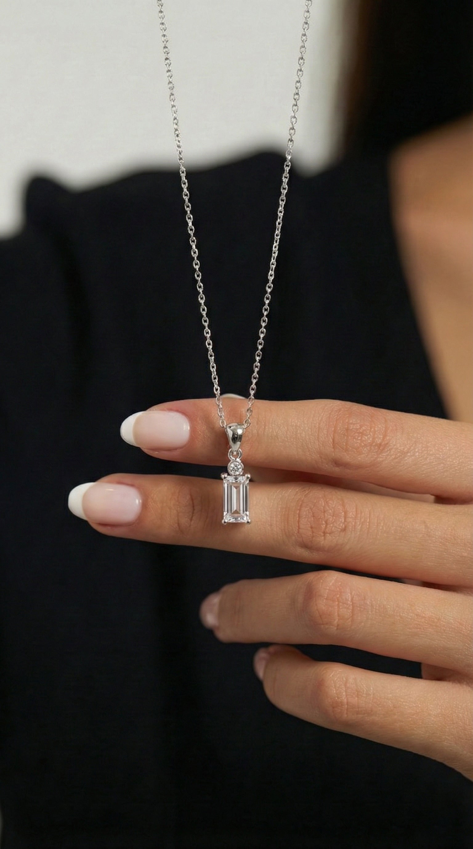 925 Sterling Silver Zircon Rhodium Solitaire Baguette Necklace