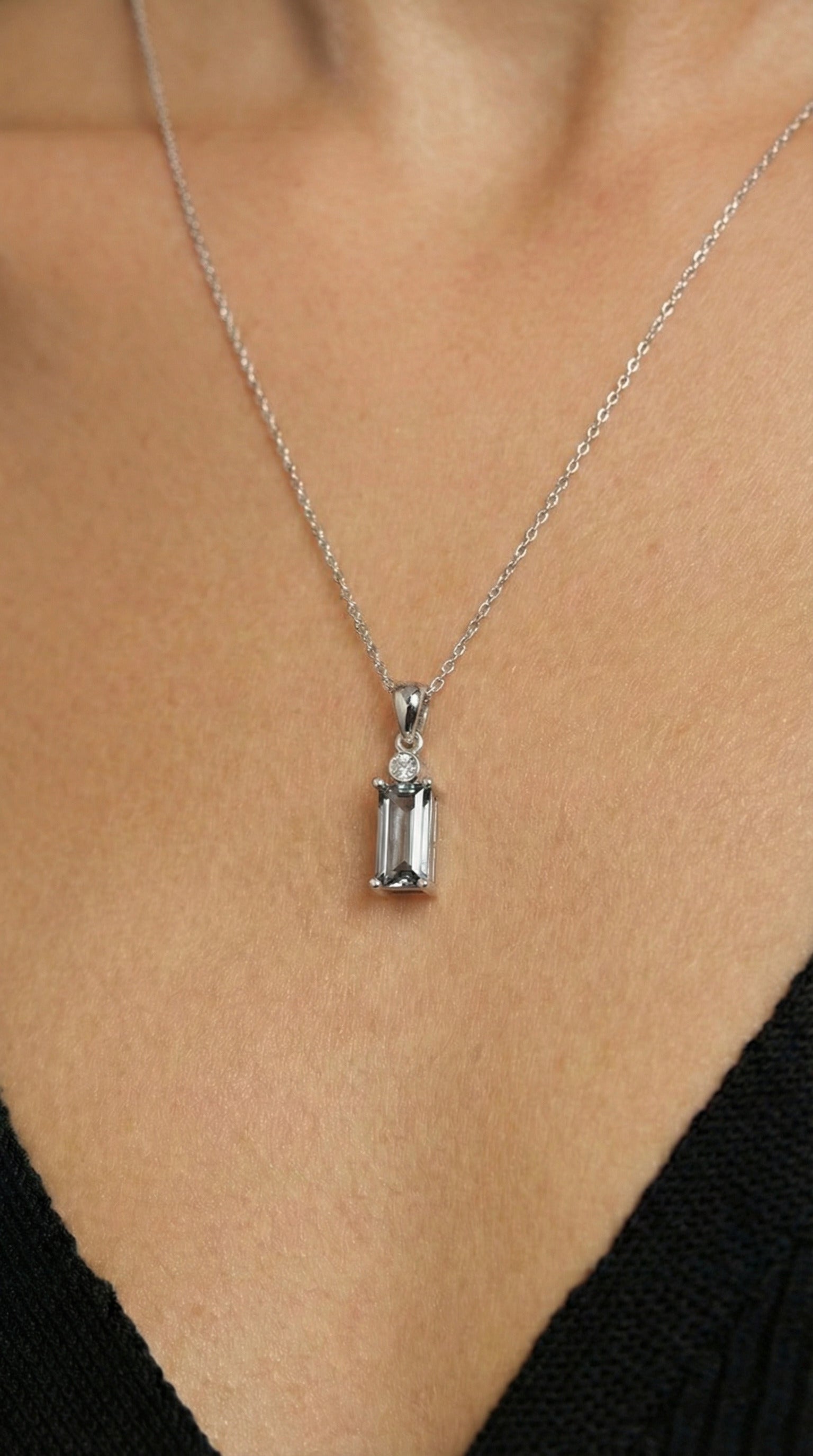 925 Sterling Silver Zircon Rhodium Solitaire Baguette Necklace