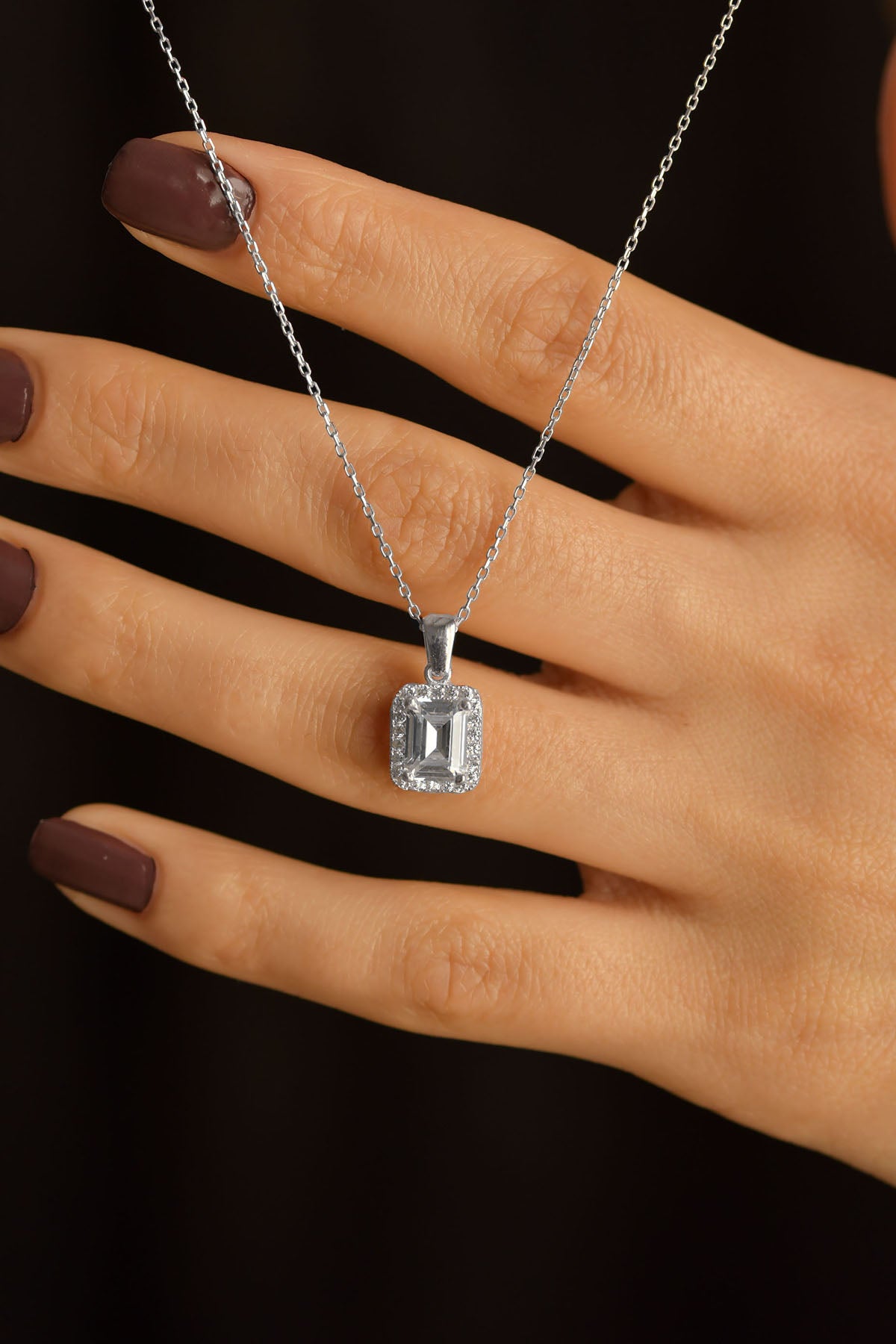 Emerald Cut Solitaire Zircon Necklace | 925 Silver