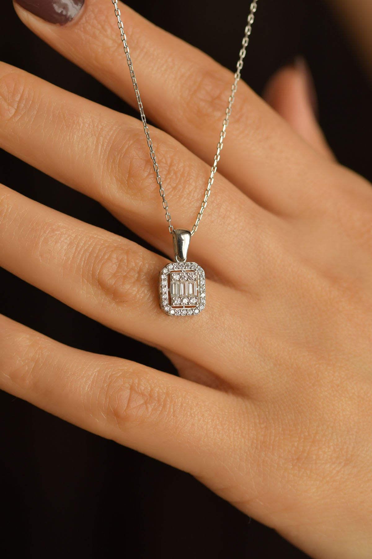Rhodium Three-Row Baguette Zircon Necklace in 925 sterling silver - view 2