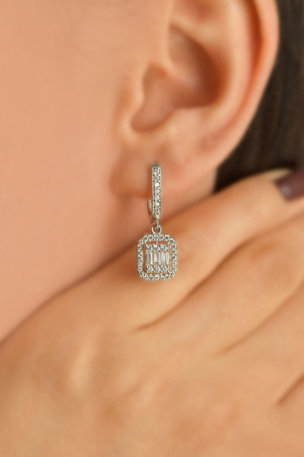 CZ Triple-Row Dangle Baguette Earrings Rhodium Plated Silver