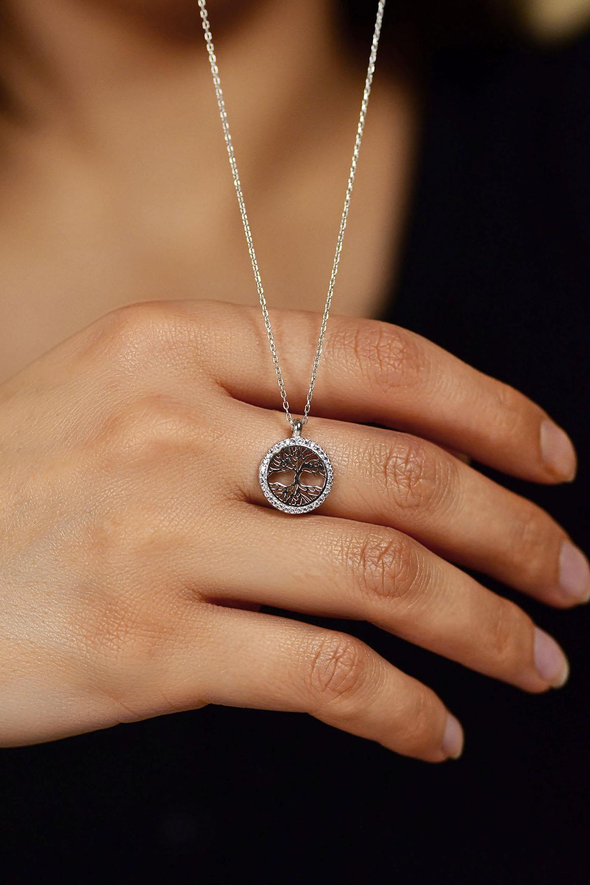 Rhodium-Plated Spring Tree of Life Silver Necklace with Zircon Stone