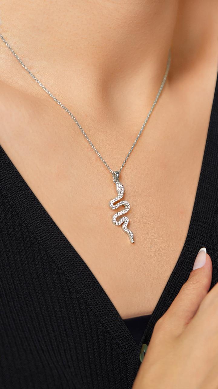 CZ Snake Necklace Rhodium Plated Silver