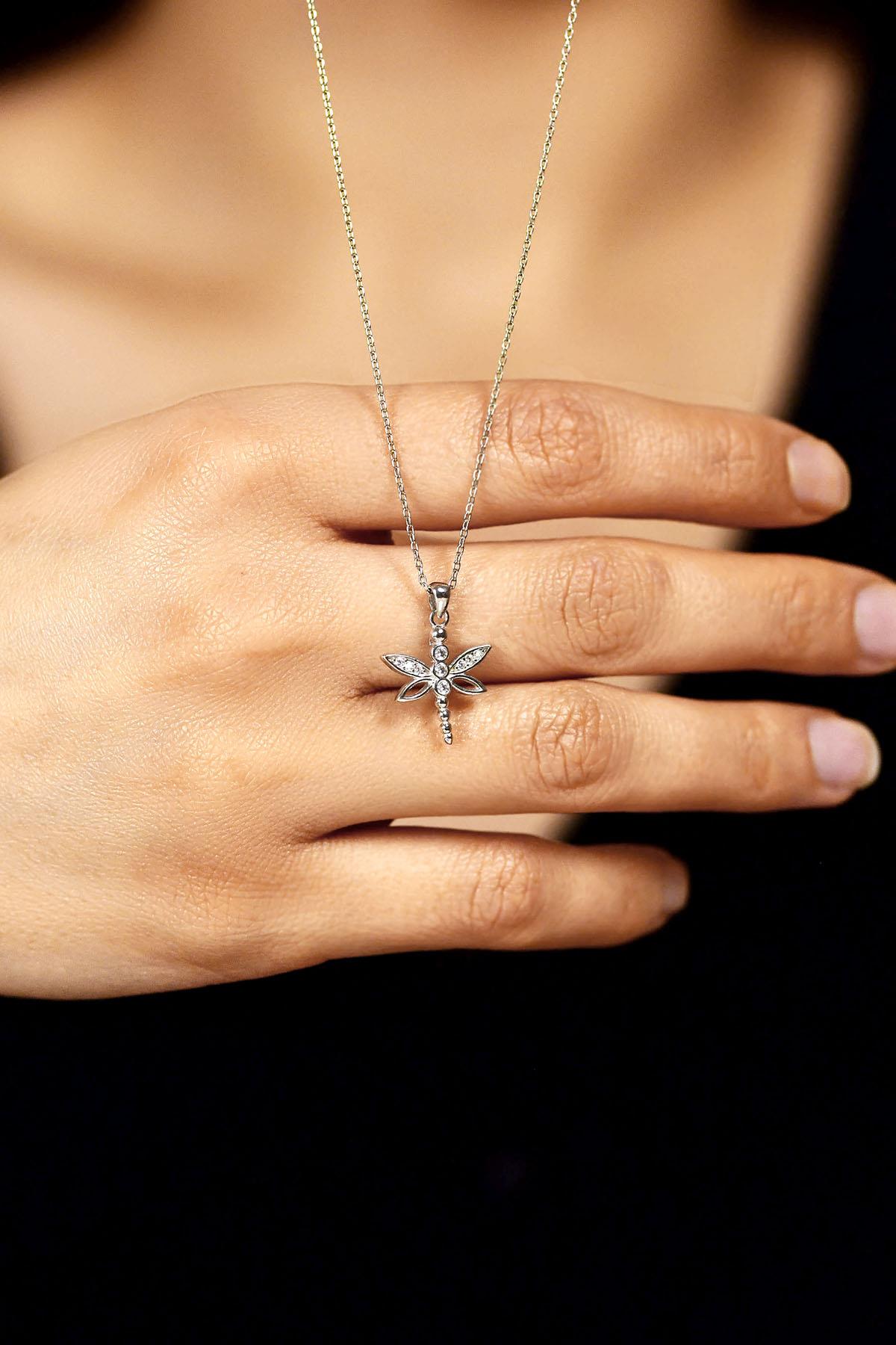 CZ Dragonfly Necklace Rhodium Plated Silver