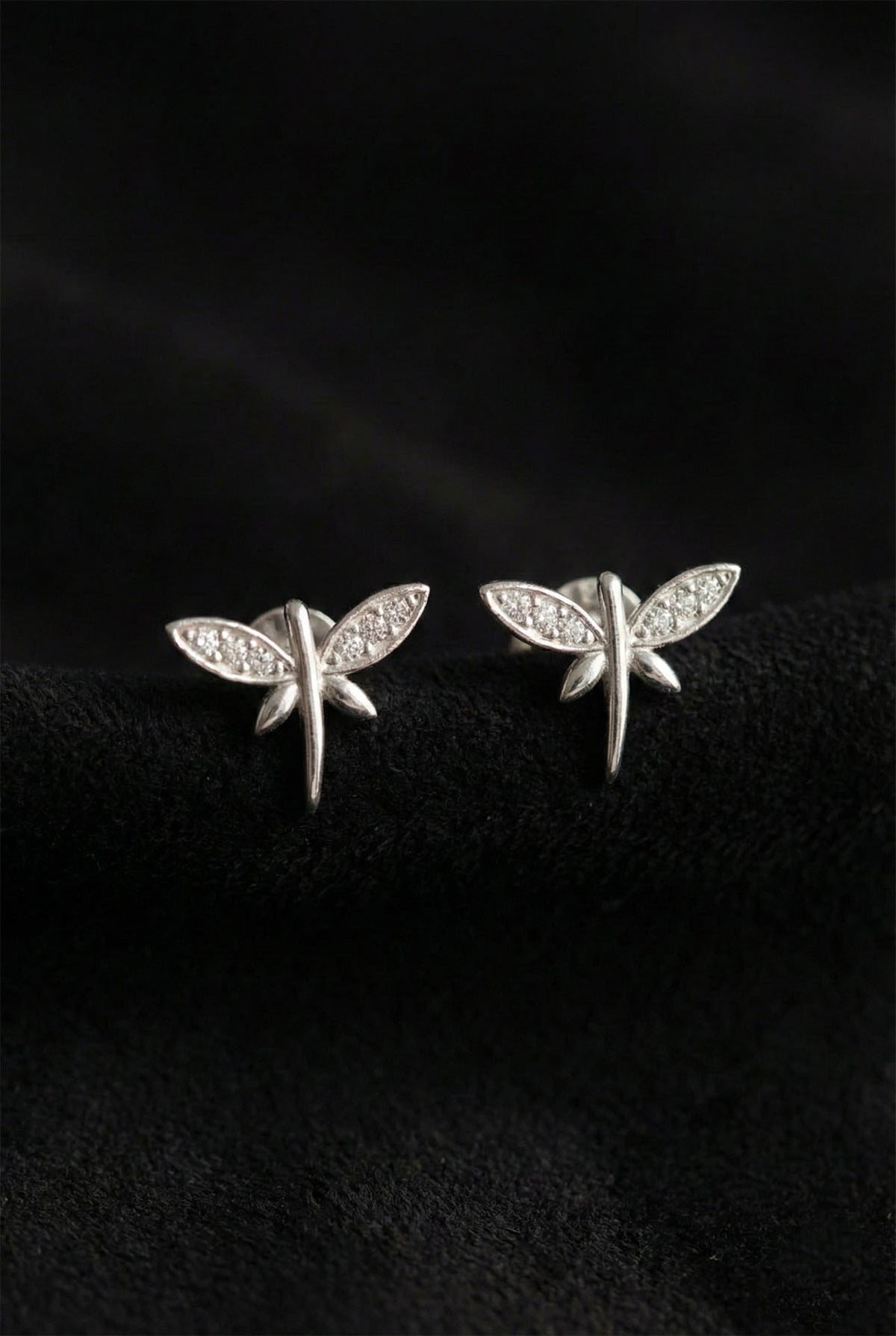 Rhodium Zircon Dragonfly Minimal Stud Earrings in 925 sterling silver