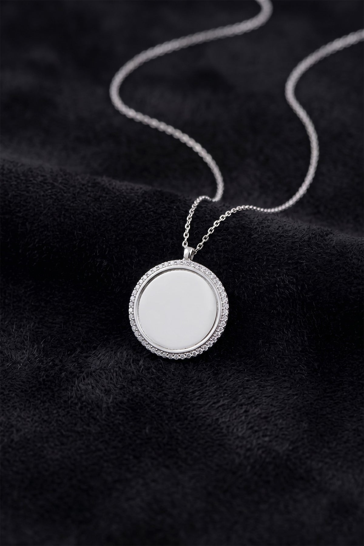 Rhodium Plated Zircon Round Name Necklace - 18x21 mm in 925 sterling silver