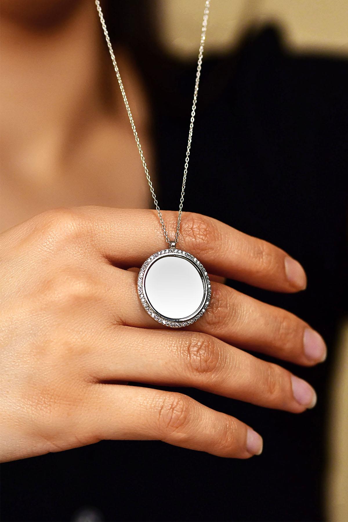 CZ Large Round Personalized Necklace Rhodium Plated Silver