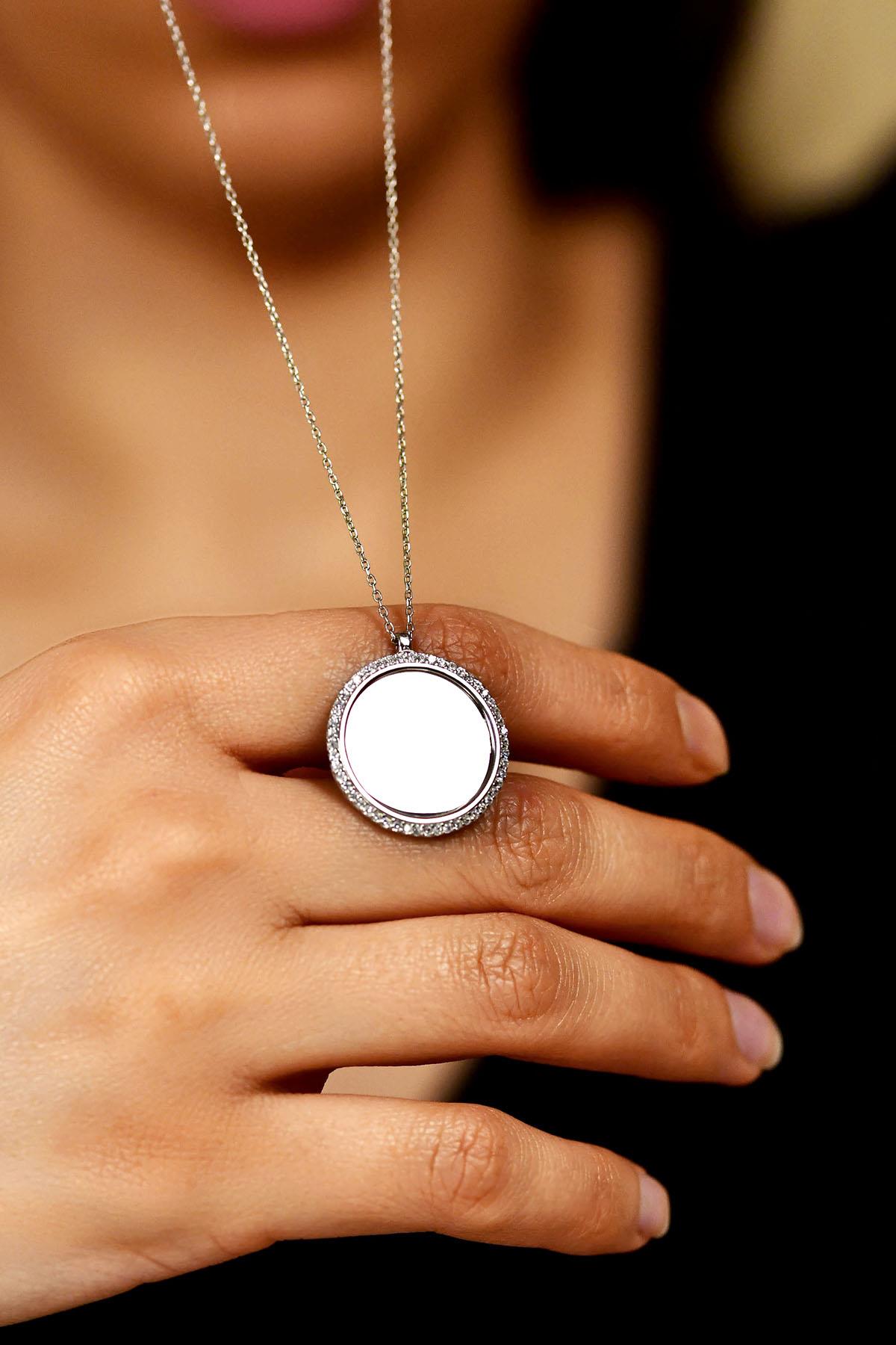 CZ Medium Round Personalized Necklace Rhodium Plated Silver