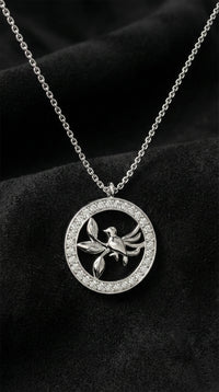 Rhodium Zircon Bird in Circle Pendant Necklace | 925 Silver