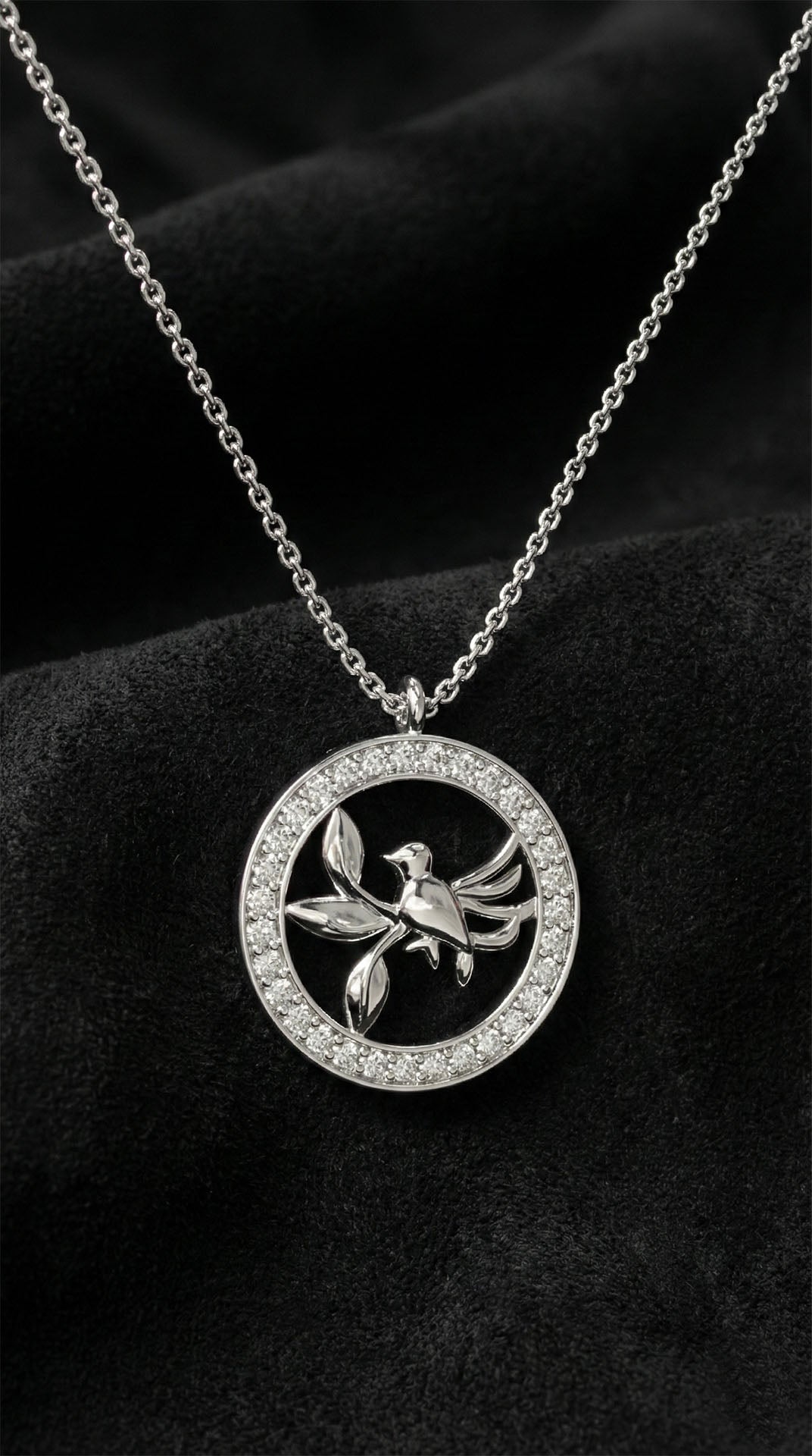 Rhodium Zircon Bird in Circle Pendant Necklace in 925 sterling silver