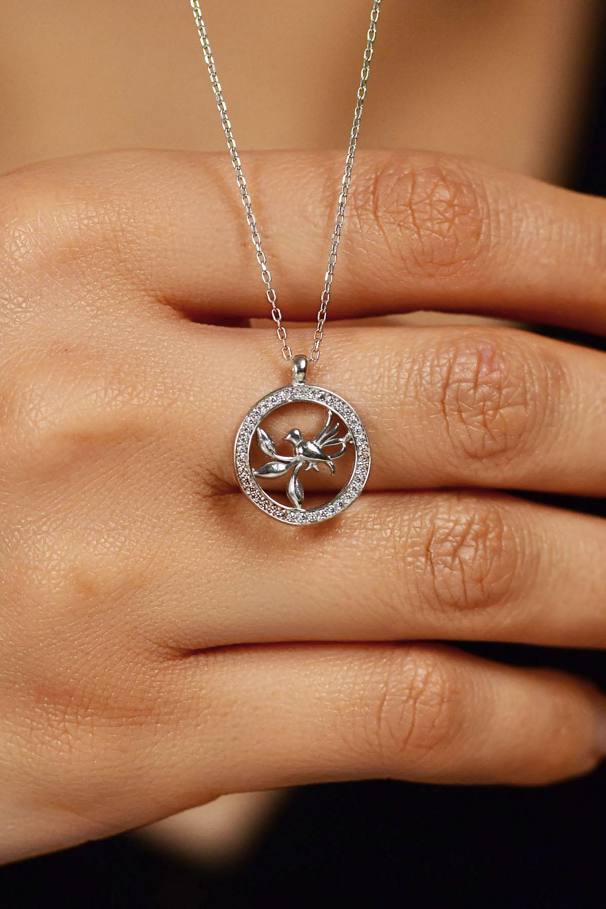 CZ Round Bird Nest Necklace Rhodium Plated Silver