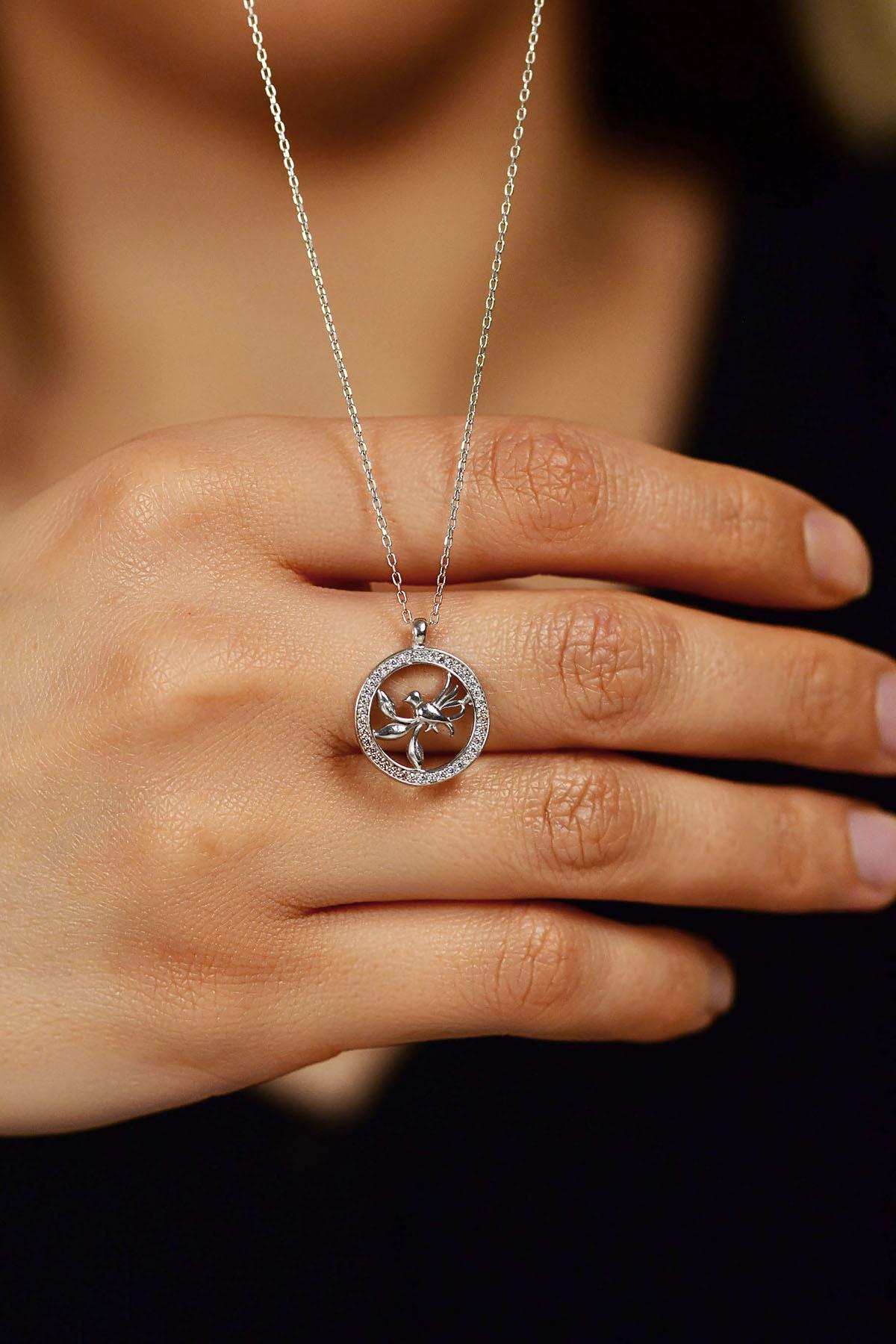 CZ Round Bird Nest Necklace Rhodium Plated Silver
