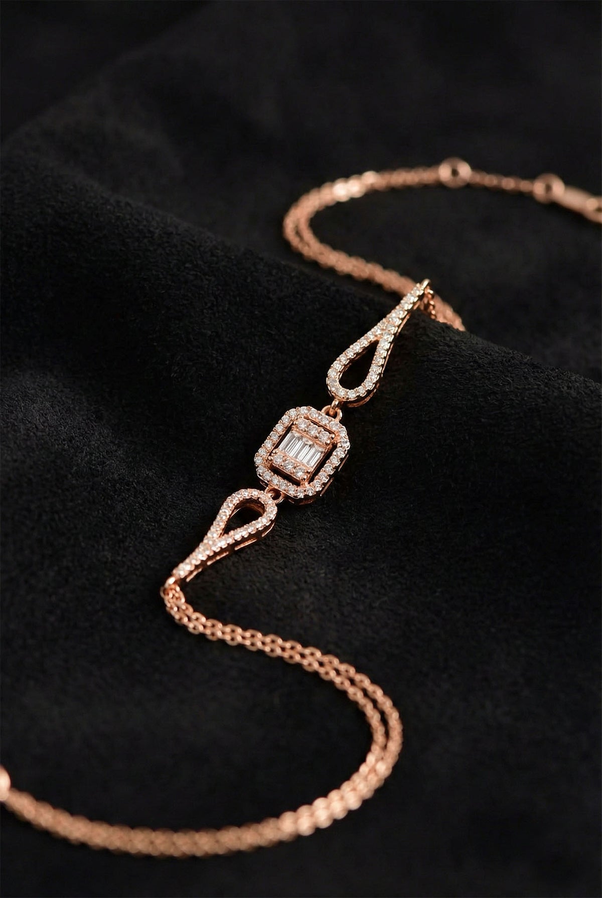 Rose Gold Baguette Zircon Bracelet, Multi Chain in 925 sterling silver