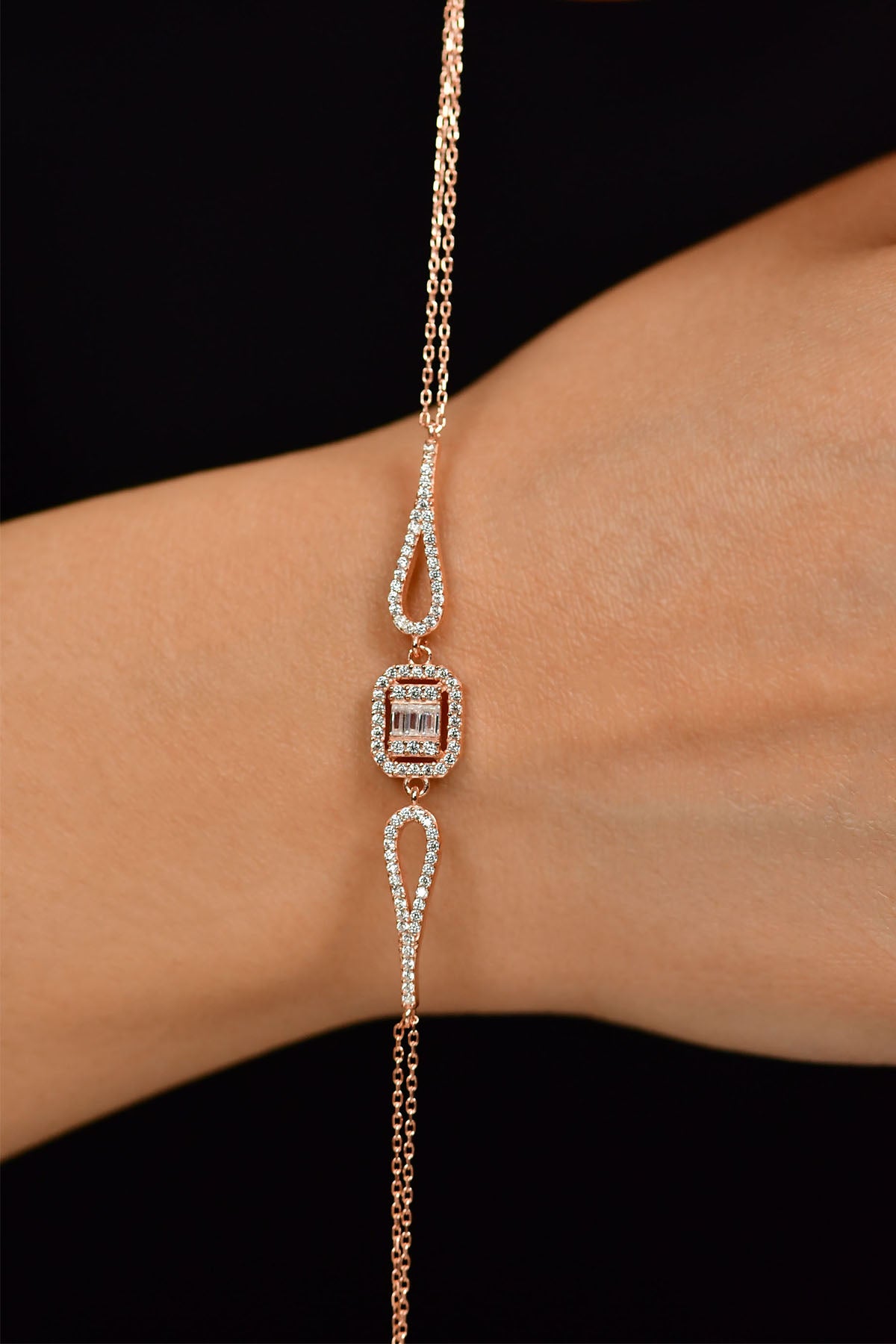 Armband aus roségoldfarbenem Baguette-Zirkonia, mehrreihig | 925er Silber