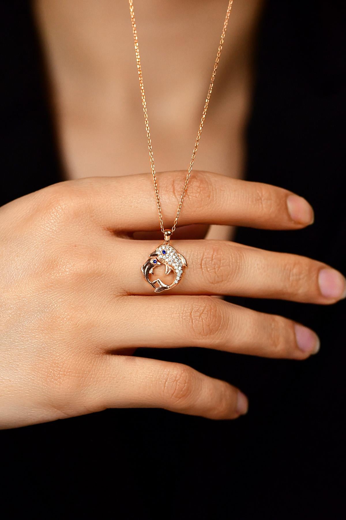 CZ Mom & Baby Dolphin Necklace Rose Gold Plated Silver