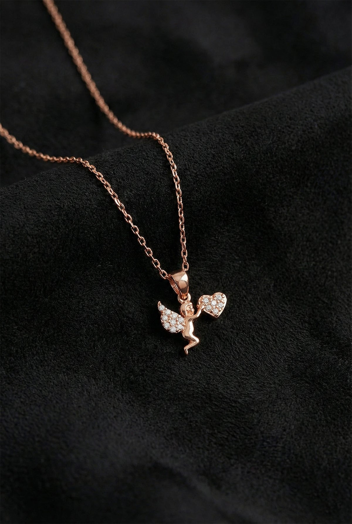 Rose Gold Zircon Cupid Angel Heart Necklace in 925 sterling silver