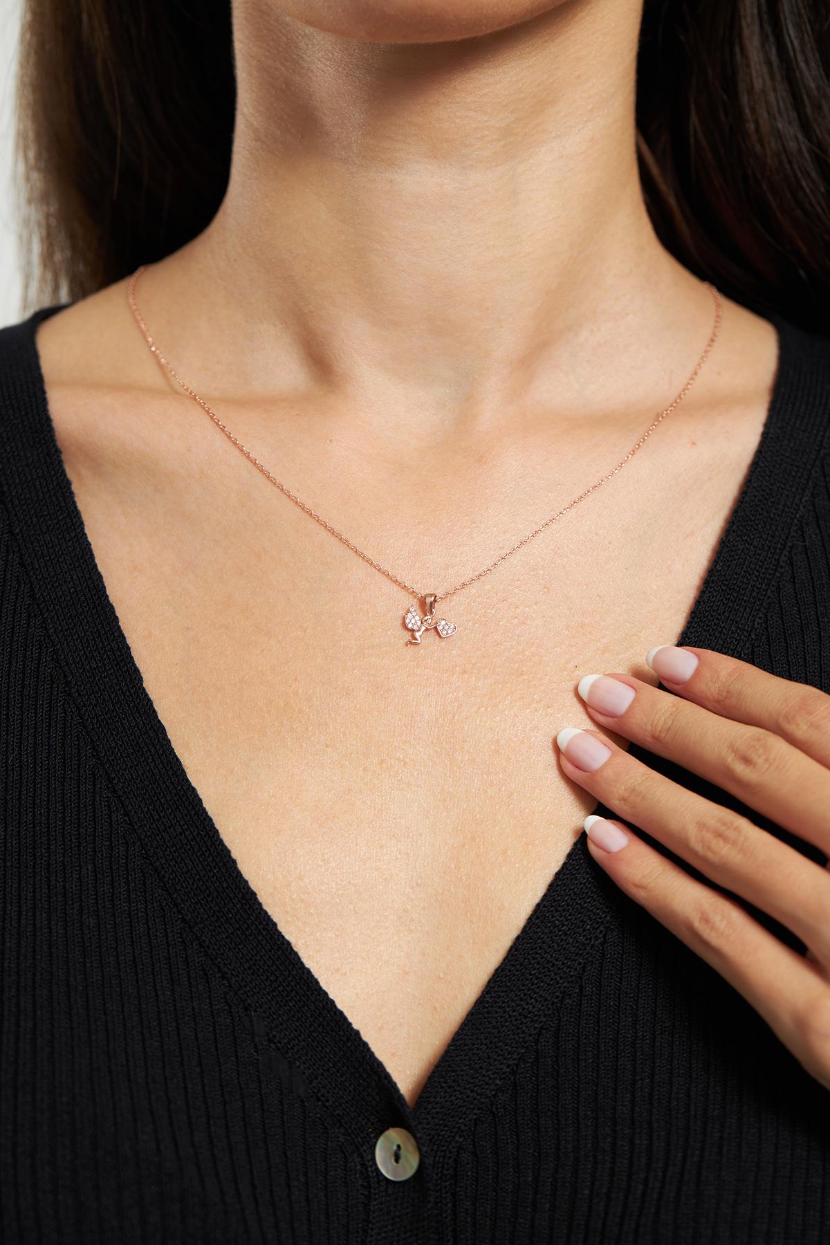 CZ Love Angel Eros Necklace Rose Gold Plated Silver