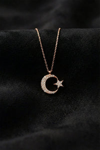 Rose Gold Crescent Moon & Star Zircon N Pendant | 925 Silver