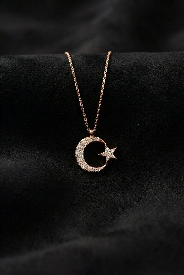 Rose Gold Crescent Moon & Star Zircon N Pendant | 925 Silver