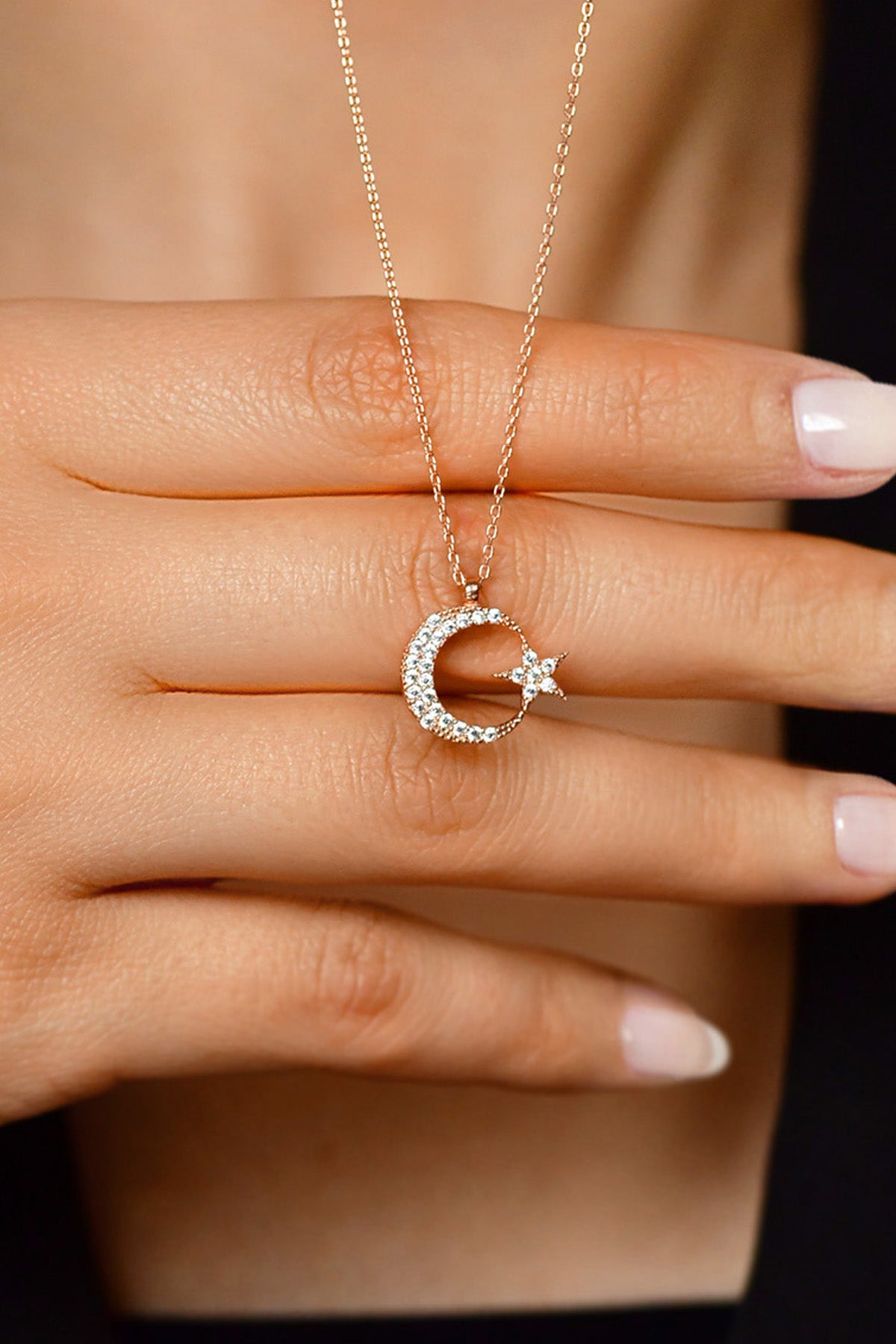 Rose Gold Crescent Moon & Star Zircon N Pendant | 925 Silver