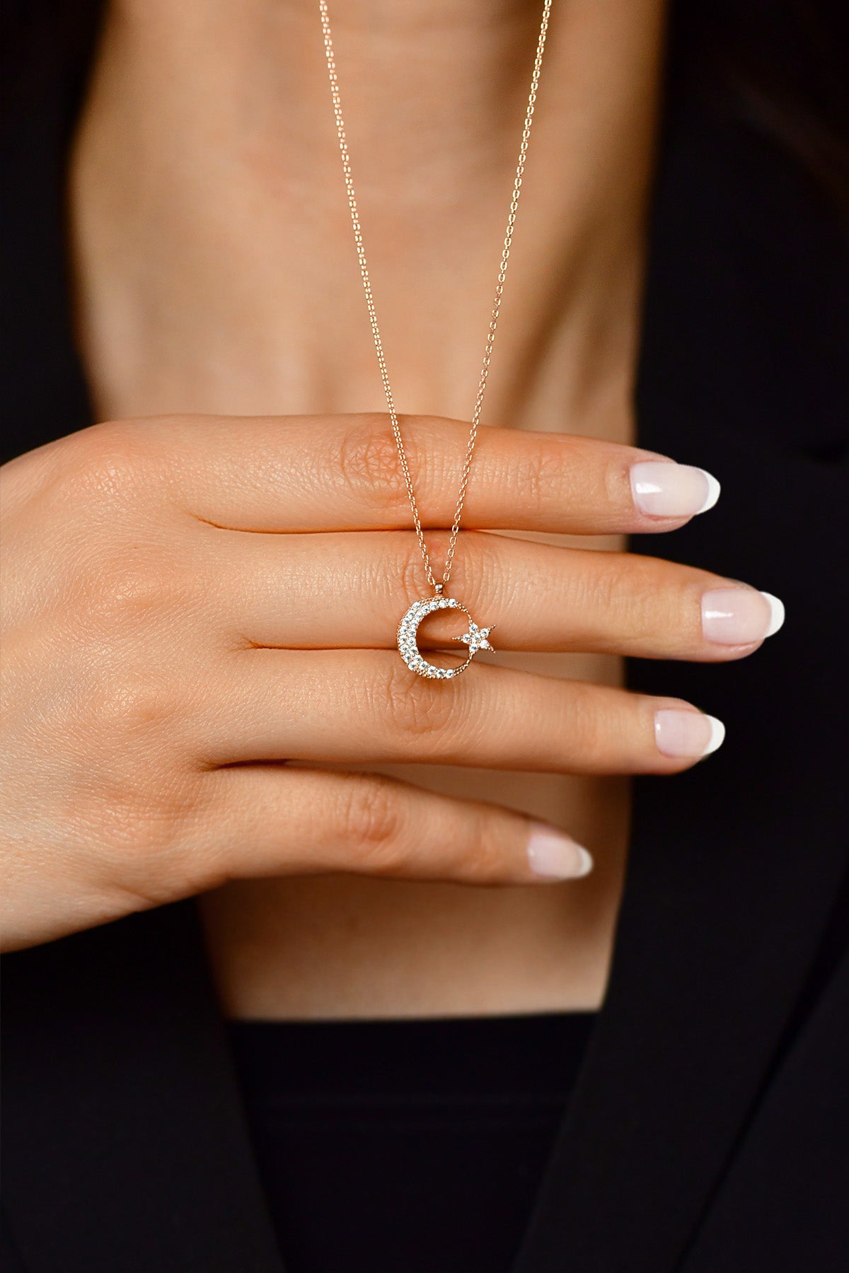 Rose Gold Crescent Moon & Star Zircon N Pendant | 925 Silver