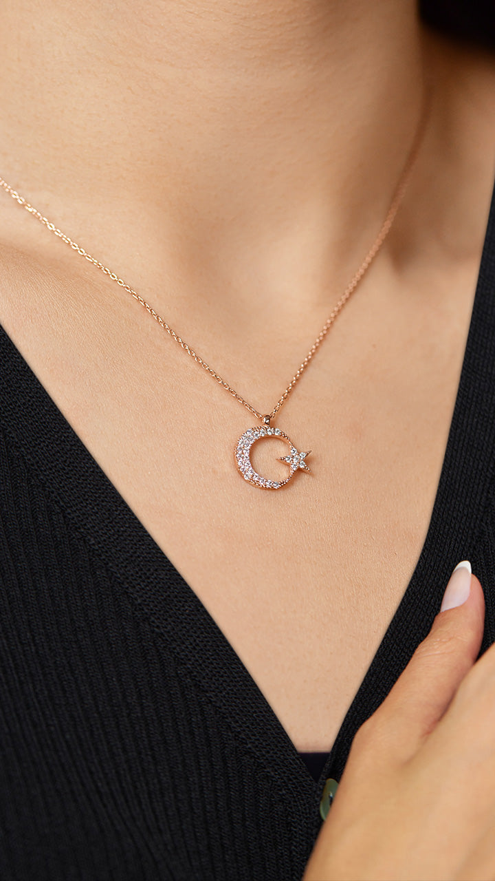 Rose Gold Crescent Moon & Star Zircon N Pendant | 925 Silver