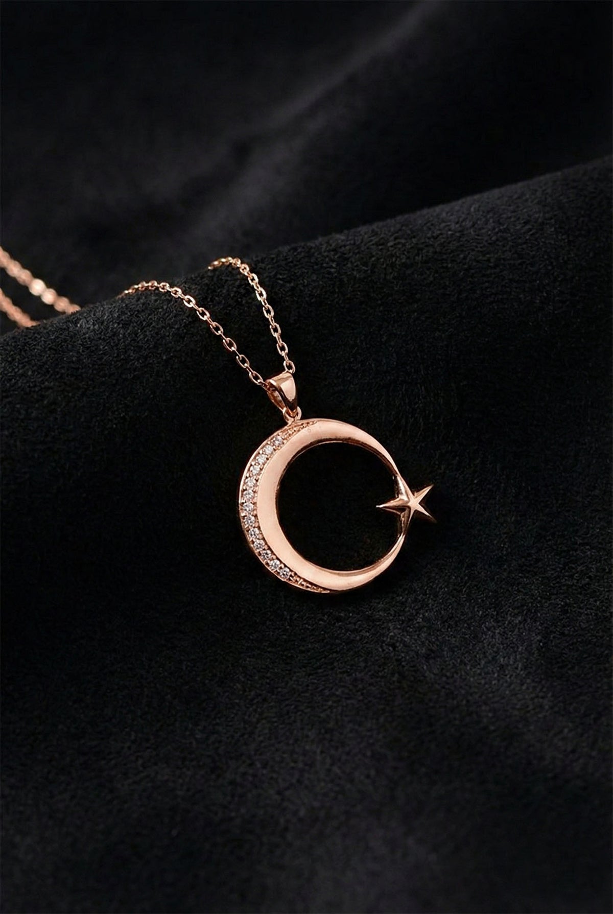 Rose Gold Crescent Moon & Star Zircon Necklace in 925 sterling silver