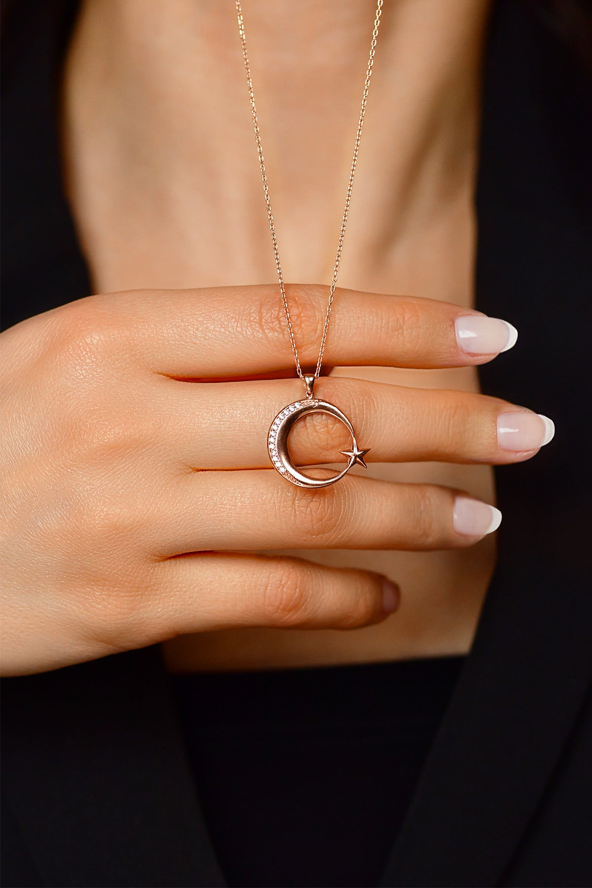 Rose Gold Crescent Moon & Star Zircon Necklace in 925 sterling silver - view 3