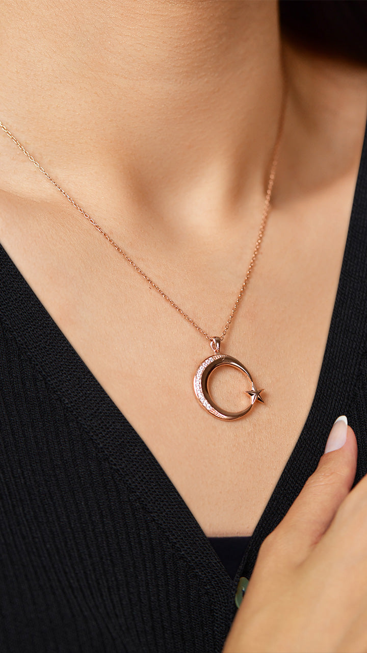 Rose Gold Crescent Moon & Star Zircon Necklace in 925 sterling silver - view 4