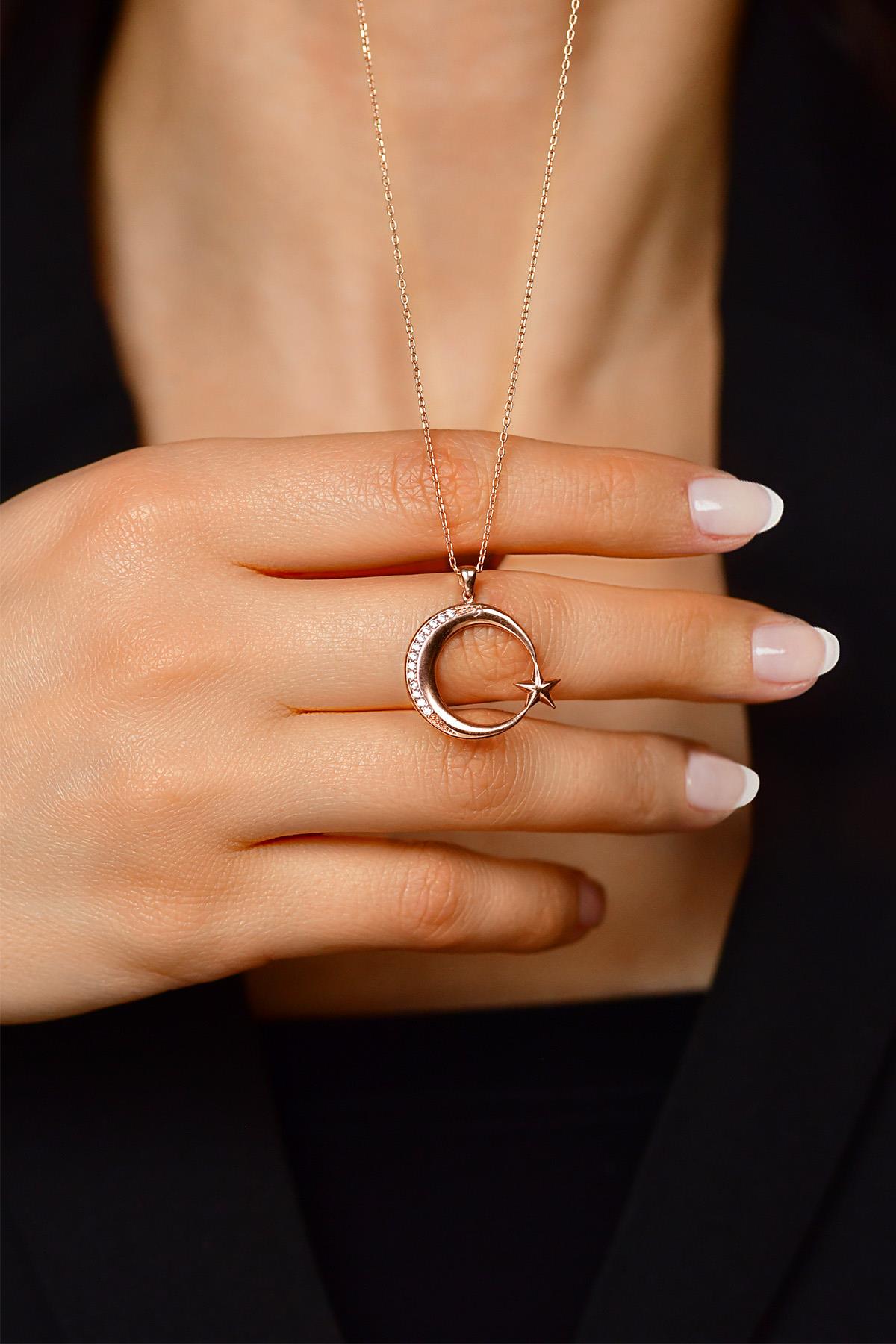 CZ Moon Star Necklace Rose Gold Plated Silver