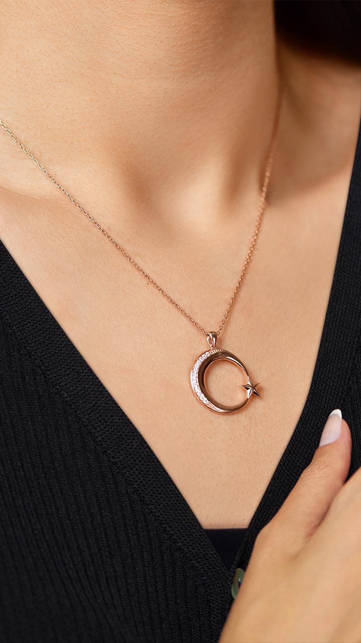 CZ Moon Star Necklace Rose Gold Plated Silver