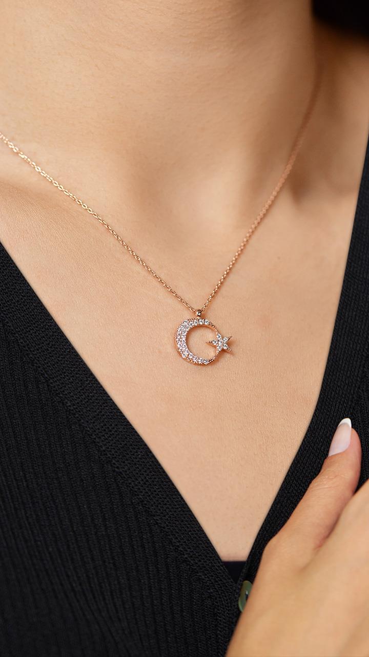 CZ Pave Moon Star Necklace Rose Gold Plated Silver