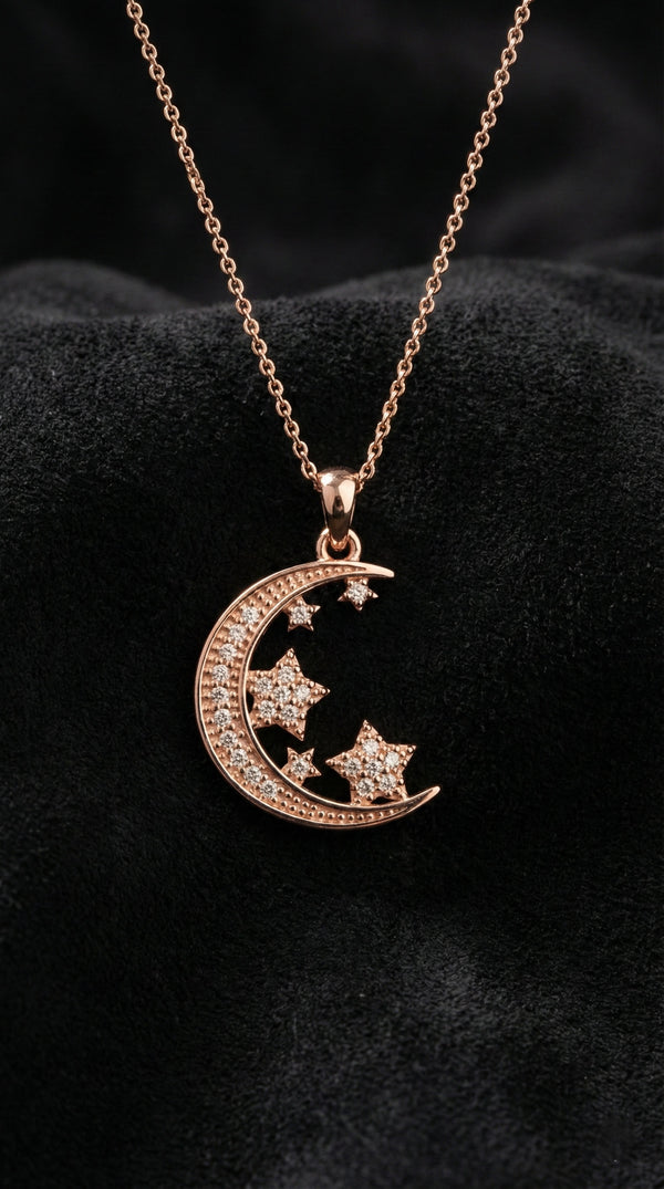 Zirkon Taşlı Rose Ay Yıldız Gökyüzü Gümüş Kolye