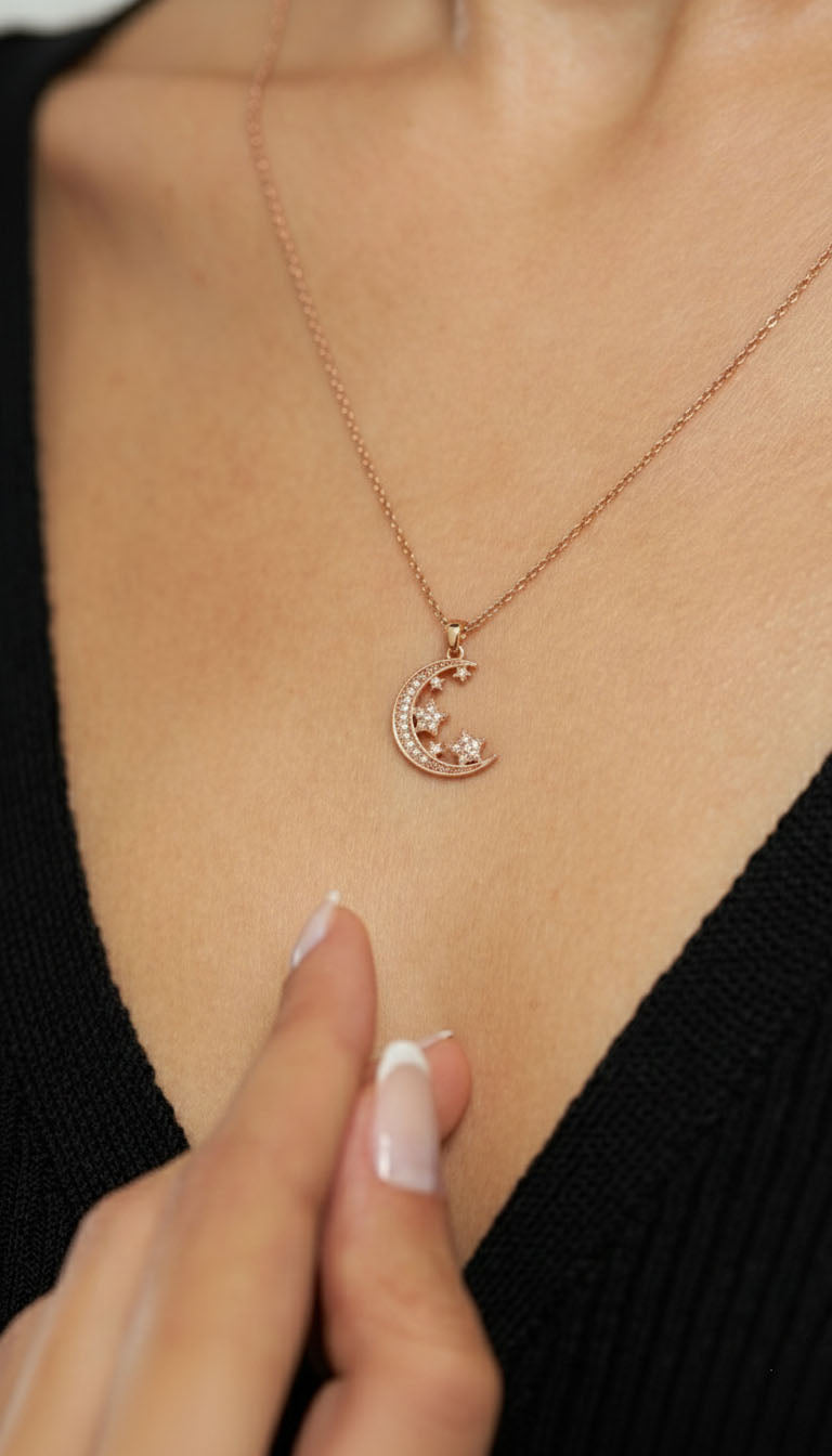 CZ Moon Star Sky Necklace Rose Gold Plated Silver