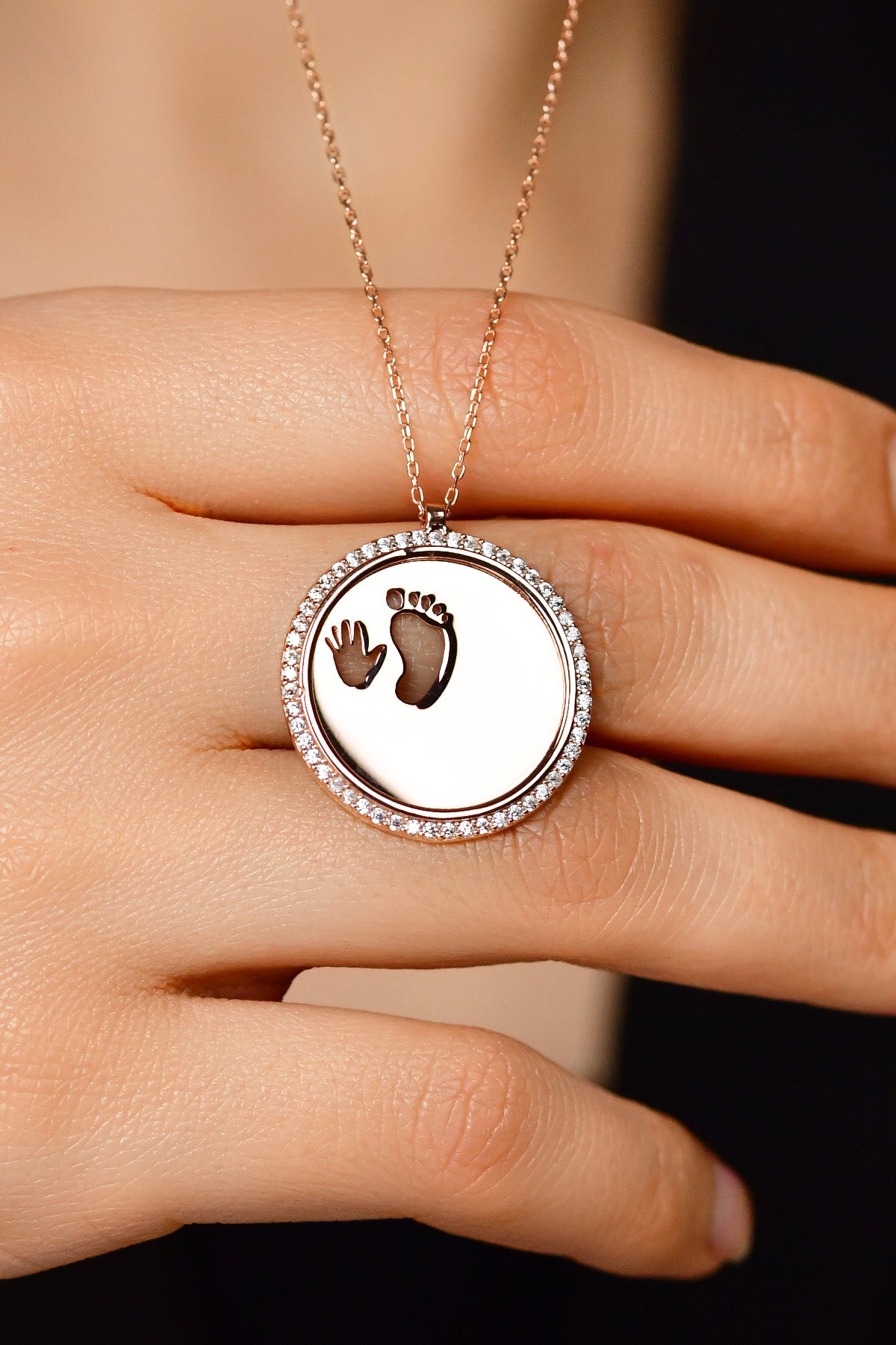 Rose Gold Zircon Baby Footprint Round Necklace in 925 sterling silver - view 2