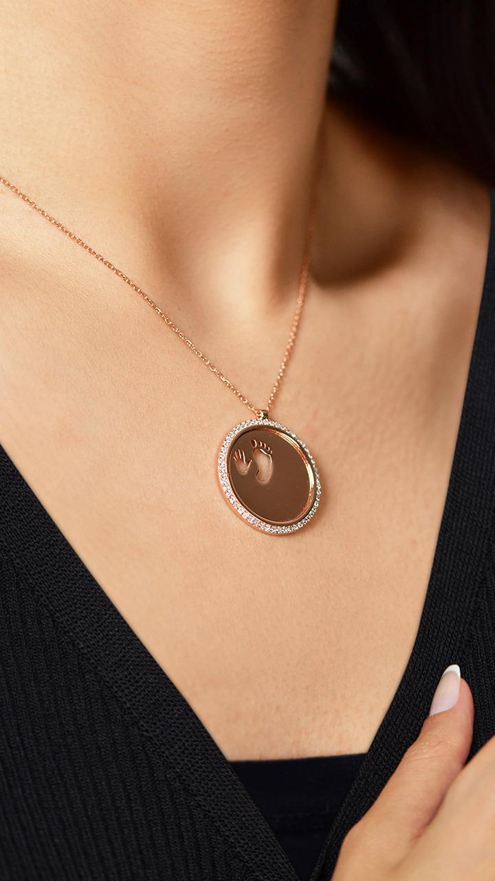 CZ Foot Print Personalized Necklace Rose Gold Plated Silver