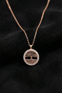 Rose Gold Zircon Tree of Life Circle Necklace | 925 Silver