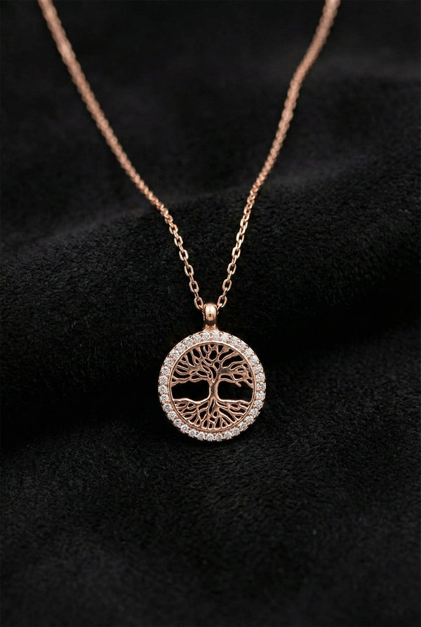 Rose Gold Zircon Tree of Life Circle Necklace | 925 Silver