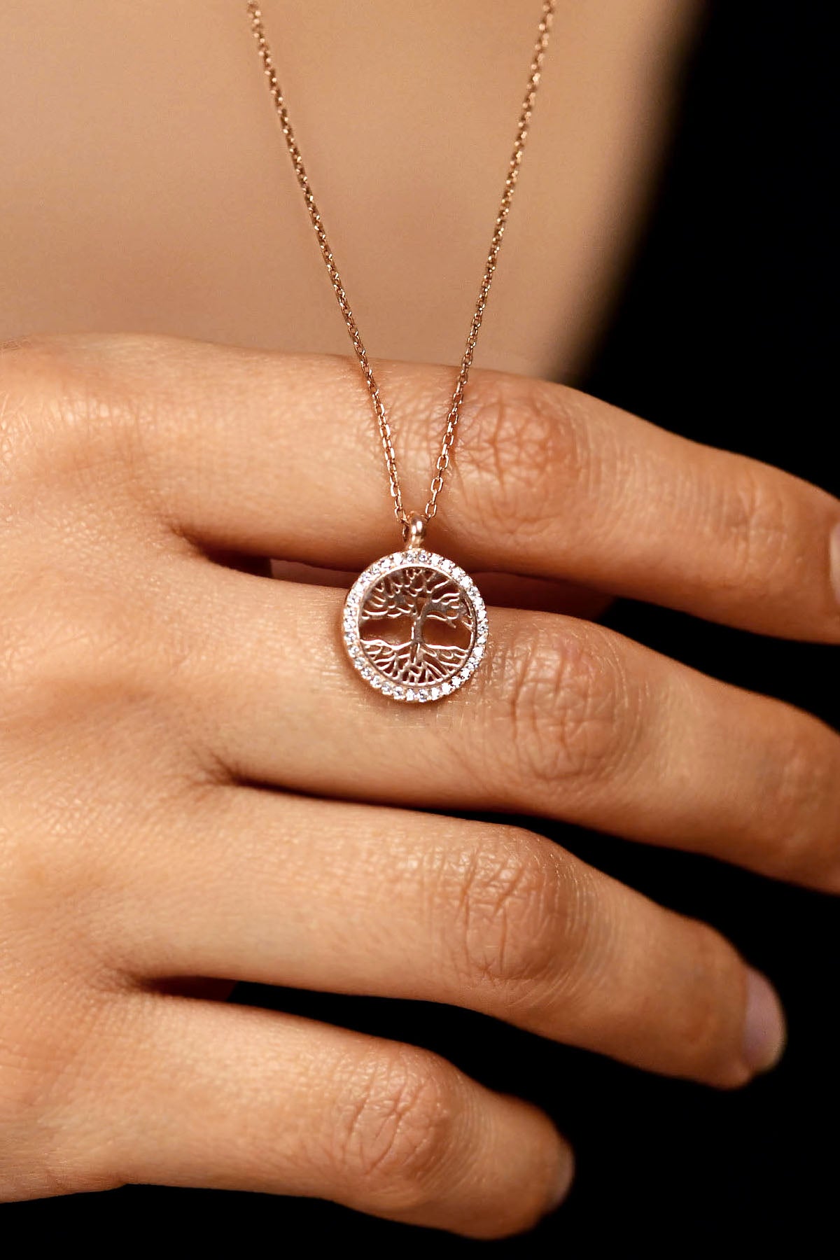 Rose Gold Zircon Tree of Life Circle Necklace | 925 Silver