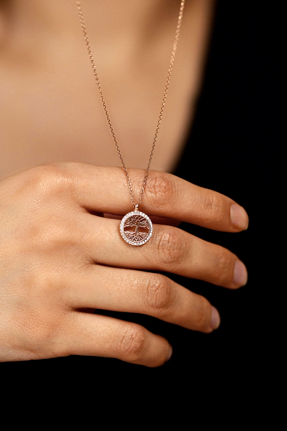 Rose Gold Zircon Tree of Life Circle Necklace | 925 Silver