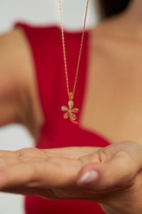 Zircon Stone Rose Five-Leaf Clover Silver Necklace